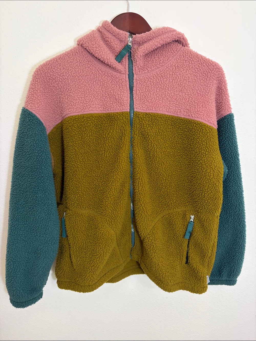 Eddie Bauer Colorblock Sherpa Zip Up Hooded Sweatshirt Jacket Pink, Brown & Teal